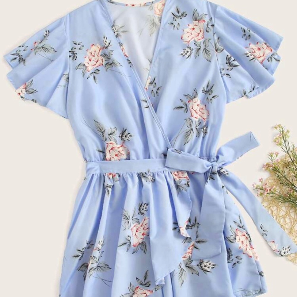Plus Surplice Front Floral Print Belted Romper